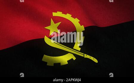 Realistische Aufnahme der wehenden Flagge Angolas mit interessant Texturen Stockfoto