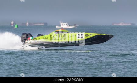 UIM 2019 Xcat-Weltmeisterschaft, Sunset Beach Dubai. De Mitri, Crew Alfredo Amato, Saul Bubacco. Stockfoto