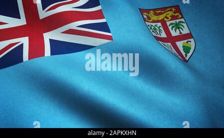 Nahaufnahme der realistisch winkenden Flagge von Fidschi mit interessant Texturen Stockfoto