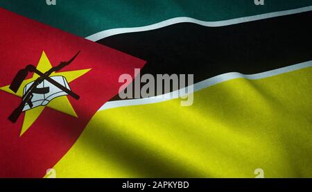 Nahaufnahme der wehenden Flagge von Mosambik mit interessant Texturen Stockfoto