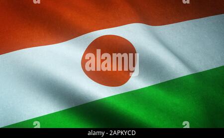 Nahaufnahme der wehenden Flagge von Niger mit interessant Texturen Stockfoto
