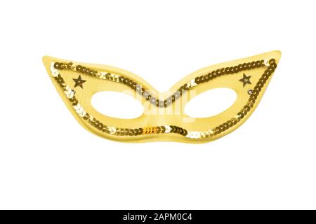 Gelbe Karnevalsmaske mit goldenen Perlen isoliert auf weißem Grund Stockfoto
