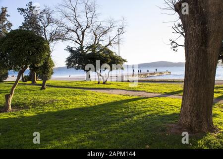 Panorama-Aufnahme von einem Park am Meer und Dock auf einem Sonniger Tag Stockfoto