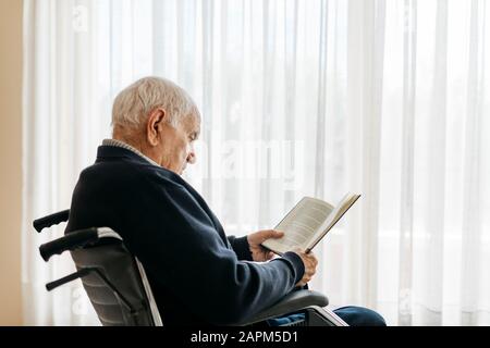 Ein älterer Mann, der im Rollstuhl sitzt, liest ein Buch in der Nähe des Fensters Stockfoto