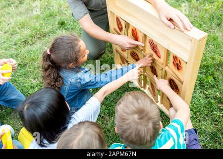 Schulkinder lernen, verschiedene Tierfüße zu erkennen Stockfoto