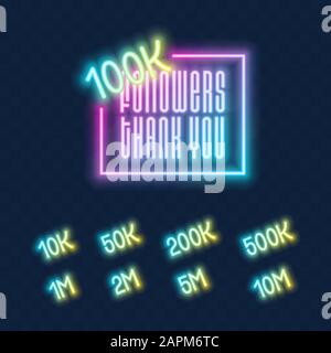 100 000 Anhänger neonfarbene Zeichen an der Wand. Realistische Neon-Cyber-Stils-Zeichen mit einer festgelegten Anzahl von Followern im quadratischen Rahmen. Vektorgrafiken für Celebratin Stock Vektor