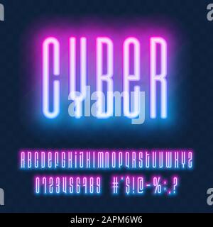 Neon-Vektor-Schriftart. Leuchtende blaue und rosafarbene Großbuchstaben und Zahlen auf dunkelblauem Hintergrund. Leuchtende Schrift in der Cyber Style-Technologie. Trendy Vector Neo Stock Vektor