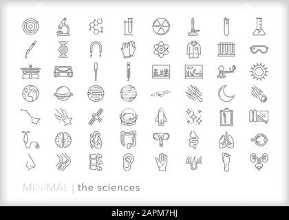 Mehr als 50 wissenschaftliche Bildungssymbole für Biologie, Physik, Chemie, Anatomie, Astronomie für das Lernen und den Unterricht von grundlegenden wissenschaftlichen Prinzipien Stock Vektor