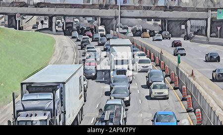 Autos, Lastwagen, Fahrzeuge auf der Autobahn. Computerlackierung , Abbildung digitaler Wiedergabe . Sichtbare Pinselstriche, Leinwandtextur Stockfoto