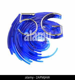 Konzeptionelles Bild der 5 g-Schrift von Gold und kreisförmigen radialen Radarformen in der beliebten Phantomblau-Farbe dahinter. 3D-Darstellung isoliert auf weiß Stockfoto