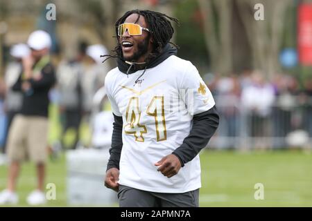 Kississimee, Florida, USA. Januar 2020. Alvin Kamara von den New Orleans Heiligen (41) während der NFC Praxis, Donnerstag, 23. Januar 2020, in Kissimmee, Florida zurücklaufend. (Foto von IOS/ESPA-Images) Credit: European Sports Photographic Agency/Alamy Live News Stockfoto