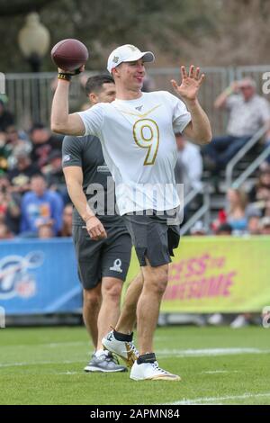 Kississimee, Florida, USA. Januar 2020. Quarterback Drew Brees von den New Orleans Heiligen (9) passiert den Ball während der NFC-Übung, Donnerstag, 23. Januar 2020, in Kissimmee, Florida. (Foto von IOS/ESPA-Images) Credit: European Sports Photographic Agency/Alamy Live News Stockfoto