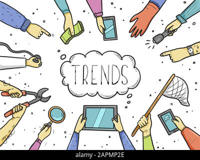 Hand gezeichnet Doodle style Hände mit verschiedenen Elementen, Tablet, Lupe, überspringen. Konzept der chaze Trend, Marketing, Suche beliebte Informationen, Business seo. Vector Illustration mit Text platzieren. Stock Vektor