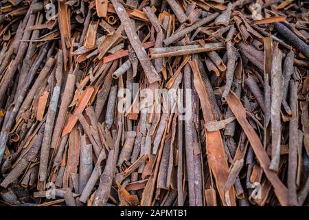 Nahaufnahme von Zimtstöcken auf einem lokalen indischen Markt Stockfoto