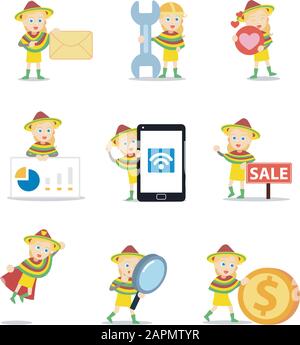 Set mit einer Frau in farbenfrohem Gringokleid. Stock Vektor