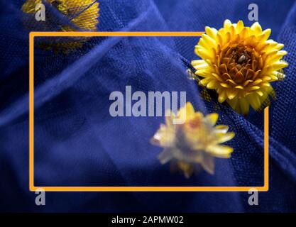 Gelbe Blumen auf einer blauen durchscheinenden Organza sind in einem gelben Rahmen dekoriert. Stockfoto
