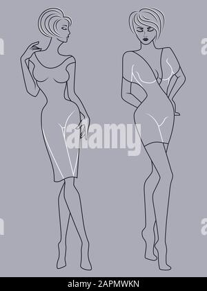 Abstrakter Umriss zweier eleganter Damen in modischer Kleidung isoliert auf dem gedämpften blaugrauen Hintergrund Stock Vektor