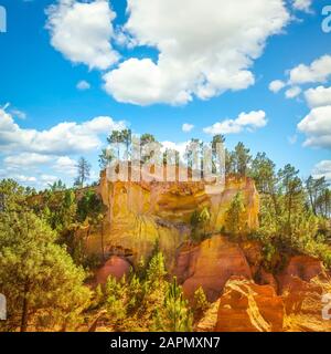 Les Ocres du Roussillon, Ochrers Rote-Rock-Formation und Tees. Luberon Natural Regional Park, Provence Cote Azur, Frankreich Stockfoto