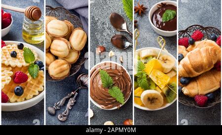 Lebensmittelcollage. Collage süßer Desserts mit Beeren Stockfoto