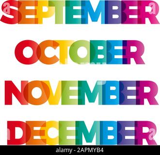 Die Worte September, Oktober, November, Dezember. Vektorbanner mit dem Text, der Regenbogen farbig ist. Stock Vektor