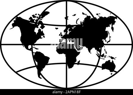 Weltplanetenkarte länglicher Kreis schwarze Ikone. Erdkontinente Erdkugel Vektor ovales isoliertes Symbol Stock Vektor