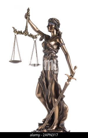 Die Statue der Gerechtigkeit Themis oder Iustitia isoliert auf weißem Hintergrund Stockfoto