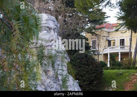 Foto des Gesichts einer Sphynx, umgeben von einem Baum Niederlassungen in einem öffentlichen Park in Zadar Kroatien Stockfoto