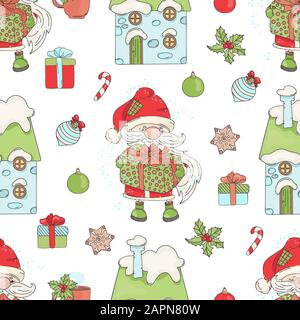 WEIHNACHTSMANN GESCHENK Fröhlich Weihnachtsmann trägt riesige Geschenkbox umgeben Neujahr Dekorationen zu Winterurlaub Nahtloses Muster Vektor Illustration für Print Stock Vektor