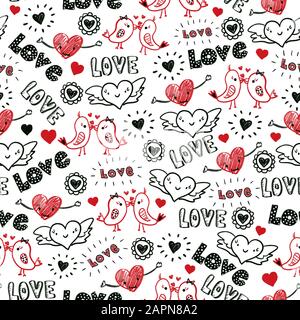 Valentines Tag verdammtes nahtloses Muster. Küssende Vögel, fliegende Herzen, liebliche Schreie in Rot und Schwarz. Wiederholter handgezeichneter Hintergrund. Skizzen von Stockfoto