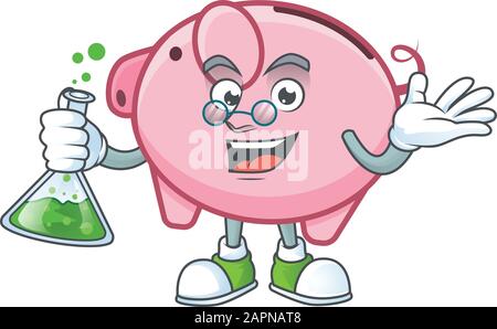 Smart Professor piggy Bank Cartoon-Charakter mit Glasröhre Stock Vektor