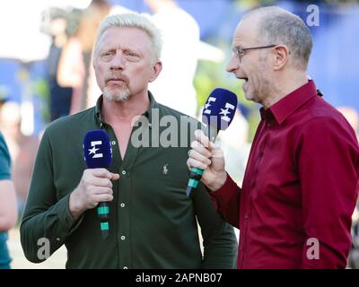 Melbourne, Australien. Januar 2020. Boris Becker und TV-Moderator Matthias stach von Eurosport während des Tennisturniers Australian Open Grand Slam 2020 in Melbourne, Australien. Frank Molter/Alamy Live News Stockfoto