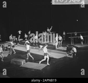 40. Jahrestag der Akademie Für Leibeserziehung in Amsterdam Vorstellung des Demonstrationsteams im Kongressgebäude Datum: 24. Oktober 1965 Standort: Amsterdam, Noord-Holland Schlüsselwörter: Demonstrationen, Jahrestage, Leibeserziehung, Bildung, Turnen Stockfoto