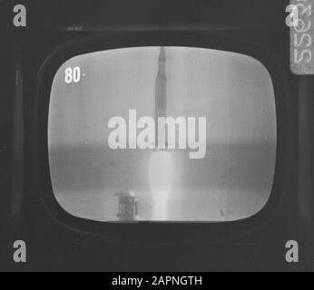 Apollo 11, gestartet von Cape Kennedy, fotografiert von der TV-Raumsonde, Fernsehdatum: 16. Juli 1969 Schlüsselwörter: Raumschiff, Fernsehen Stockfoto