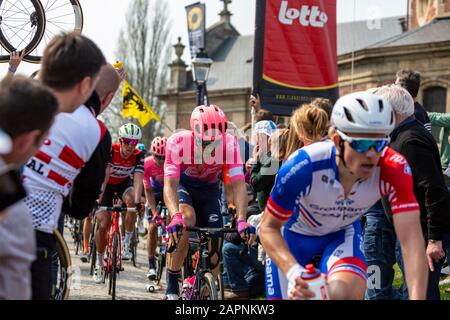 Muur van Geraardsbergen, Belgien - 7. April 2019: Der belgische Radfahrer Sep Vanmarcke vom Team EF Education First durchzieht eine Menge aufgeregt Stockfoto