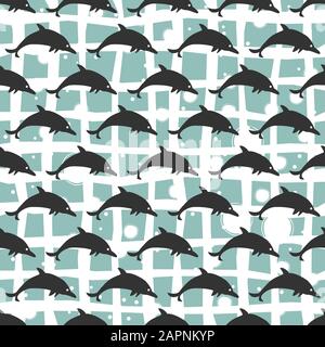 Nahtlose Muster mit schwarzen Silhouetten der Delphine. Vector Illustration Stock Vektor