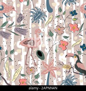 Kreative Sommer Muster mit exotischen Vögeln von Flamingo auf Hintergrund mit exotischen Pflanzen, Palmen und Blumen. Vector Illustration Stock Vektor