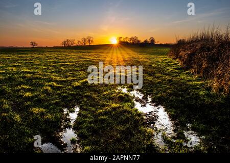 Sonnenuntergang über einem Bauernfeld in Rutland. Stockfoto