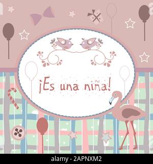 'Es una Nina" bedeutet "Es ist ein Mädchen" in Spanischer Sprache. Baby Mädchen Geburt Ansage. Von Baby-dusche-Sammlung. Vector Illustration. Stock Vektor