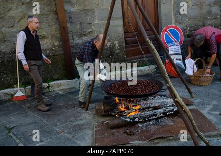 Die Einheimischen braten während des Oktoberfests, das die Kastanienernte feiert, bei einem offenen Feuer im toskanischen Bergdorf Gavinana Kastanien. Stockfoto