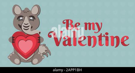 Eine Vektor-Zeichnung eines süßen Papiers am Valentinstag, der einen roten Herzblut in den Pfoten hält. Enthält die Beschriftung "Be my valentine" (Beschriftung). Stock Vektor