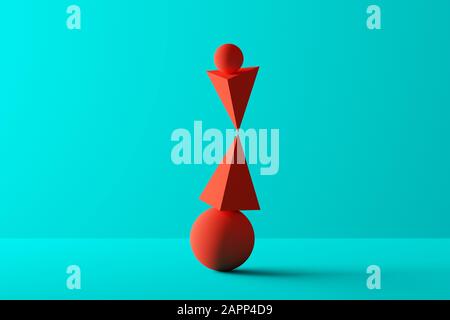Zwei Pyramiden und zwei Kugeln in perfekter Balance - 3D-Rendering Stockfoto