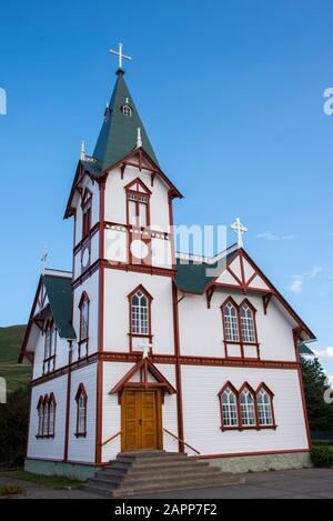 Kirche Húsavík, Island Stockfoto