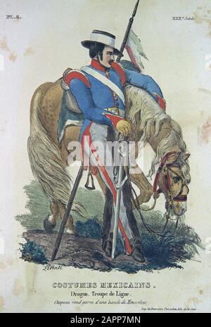 TRAJES CIVILES, MILITARES Y RELIGIOSOS DE MEXICO - 1880-187 - SOLDADO MEXICANO DE CABALLERIA - LITOGRAFIA SIGLO XIX Autor: Claudio LINATI. ORT: MUSEO DE AMERICA-COLLECION. MADRID. SPANIEN. Stockfoto