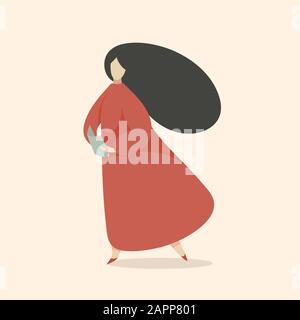 Woman Reading Book Walking and Thinking, Reading Outloud, Minimal Middle Century Flat Vector Illustration About Education and Reading Leisure Hobby. Stock Vektor