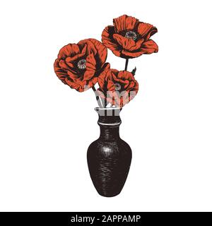 Blumenstrauß aus Mohn in einer Lehmvase. Stock Vektor