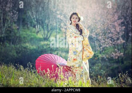 Asiatische Frauen tragen traditionellen japanischen Kimono Stockfoto