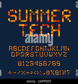 Summer Tech Pixel Font. Vektorgrafik-Alphabet. Hot Orange Letters Bestehen aus Modulen. Buchstaben aus Streifen, Quadraten und Punkten. Geometrisches Alphabet fo Stock Vektor
