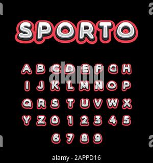 Sport Kids Lustige Schrift. Schriftdesign des Sportteams, Alphabet, Zeichensatz, Schriftart, Typografie, Buchstaben und Zahlen. Vektorgrafiken Stock Vektor