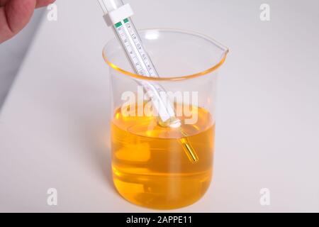 Gelbe Flüssigkeit in einem Becher mit Thermometereinbruch, Wissenschaftslabor auf weißem Hintergrund Stockfoto