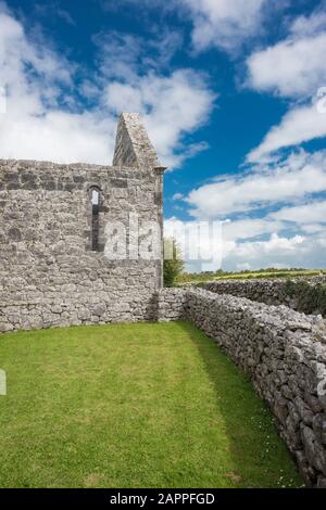 Zerstörte Gebäude und Steinmauern aus Karbon Kalkstein im 7. Jahrhundert Kilmacduagh Kloster in der Nähe von Gort, Grafschaft Galway, Irland Stockfoto